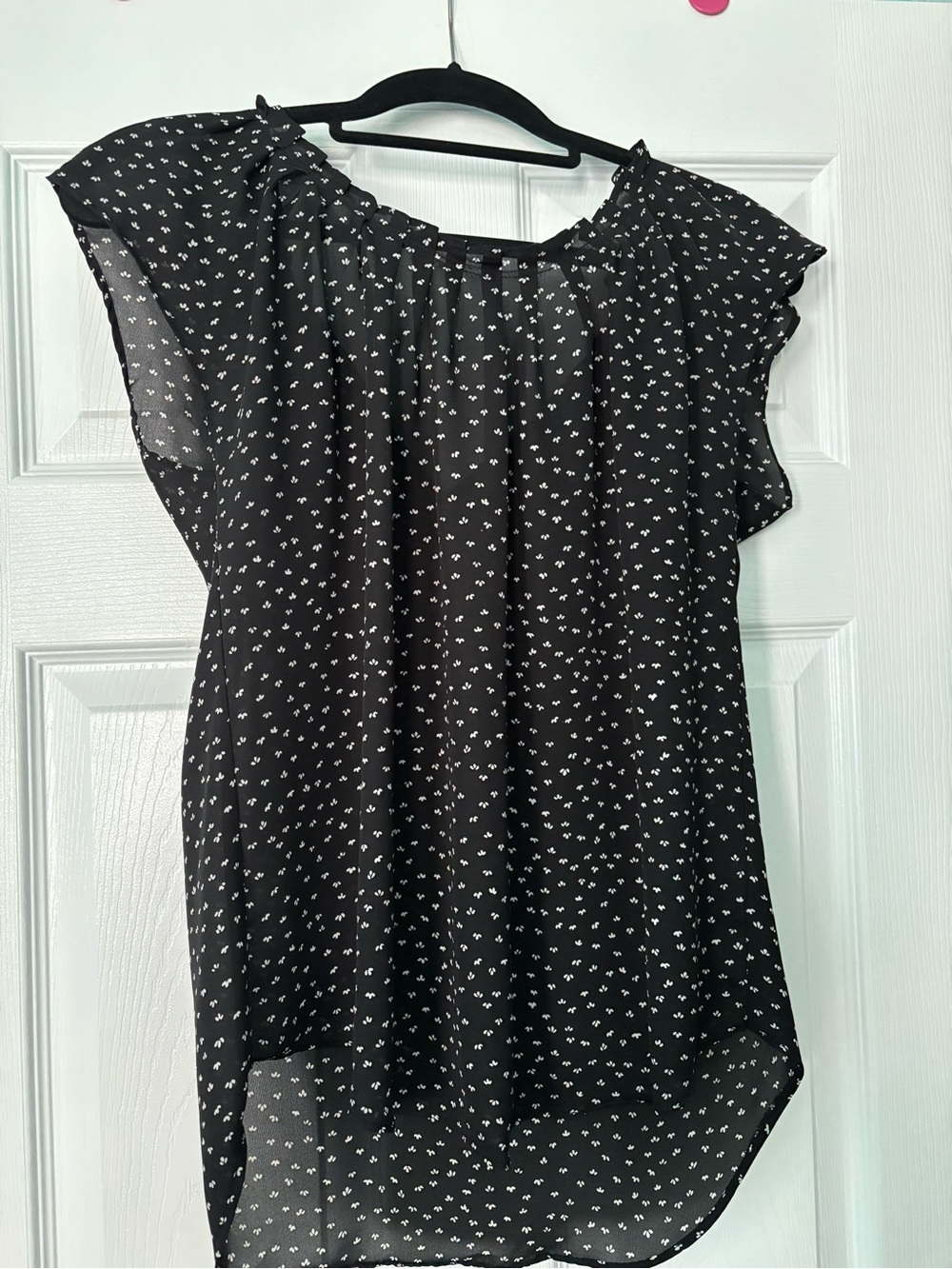 LC Lauren Conrad Black Blouse with White Floral Dot Print